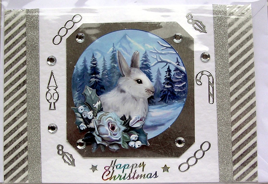 Hand Crafted Decoupage Chistmas Card - Happy Christmas (2491) - Rabbit in Snow