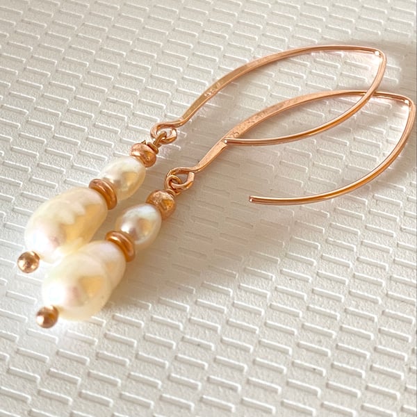 Rose Gold Pearl Silver Long Drop Earrings Handmade in England, Metalsmith