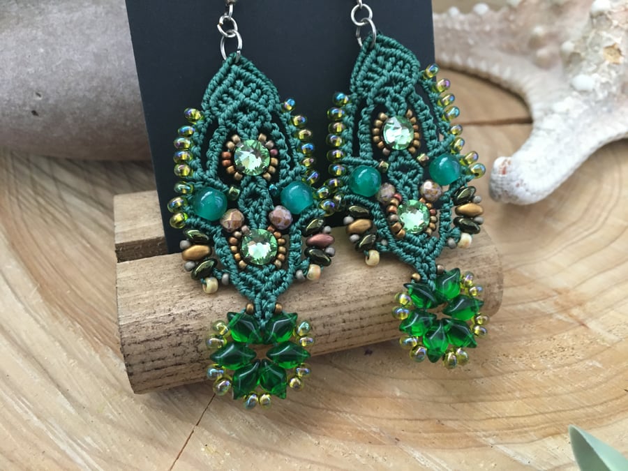 Beautiful Delicate Macrame Beaded Earrings, green earrings, dangle earrings