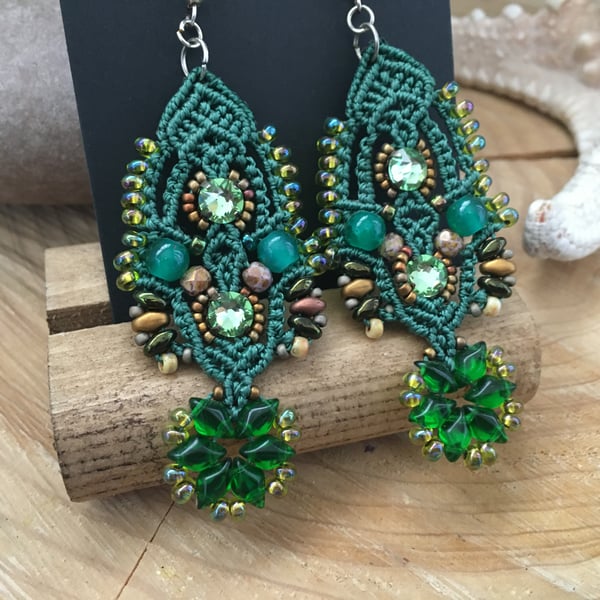 Beautiful Delicate Macrame Beaded Earrings, green earrings, dangle earrings
