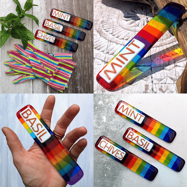 Handmade Fused Glass Rainbow Striped Plant Name Label - Plant Stake - Suncatcher