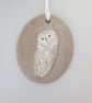 WALL DECORATION hand-built stoneware snowy owl plaque ornament in white - Image 3