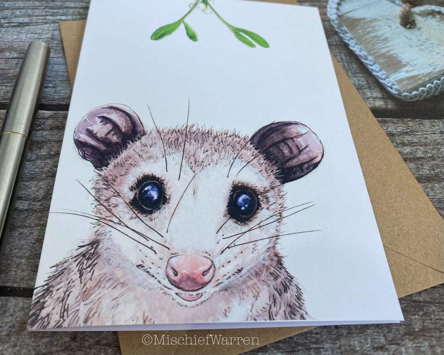 Possum Christmas Card. Opossum handmade Christmas card.
