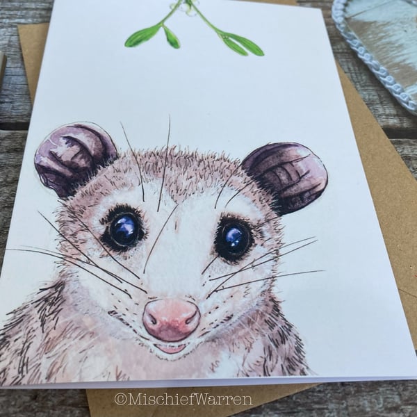 Possum Christmas Card. Opossum handmade Christmas card.