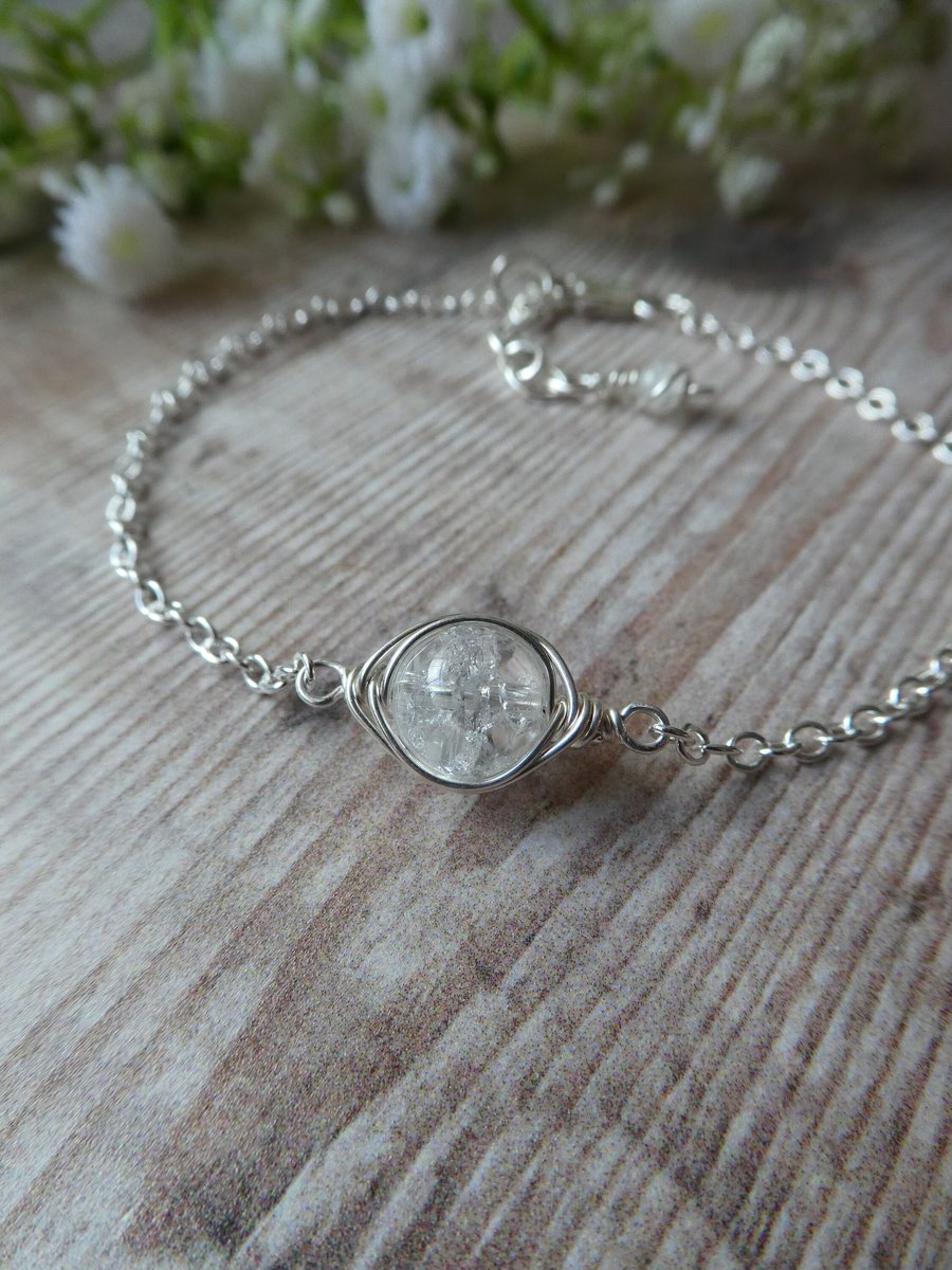 Sterling silver quartz crystal bracelet, April birthstone bracelet in silver