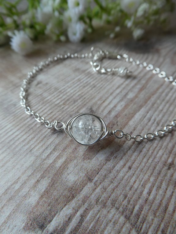 Sterling silver quartz crystal bracelet, April birthstone bracelet in silver