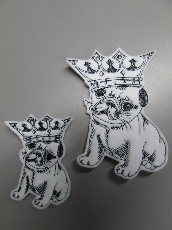 Pug Dog with Crown Embroidered Sew on Applique Patch