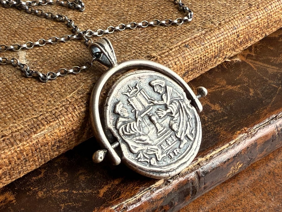 Sterling Silver Double Sided Wax Seal Spinner Pendant with Sapphires