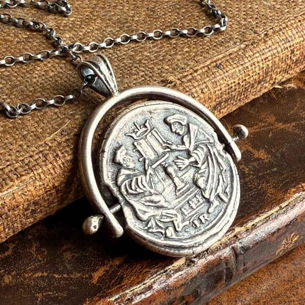 Sterling Silver Double Sided Wax Seal Spinner Pendant with Sapphires