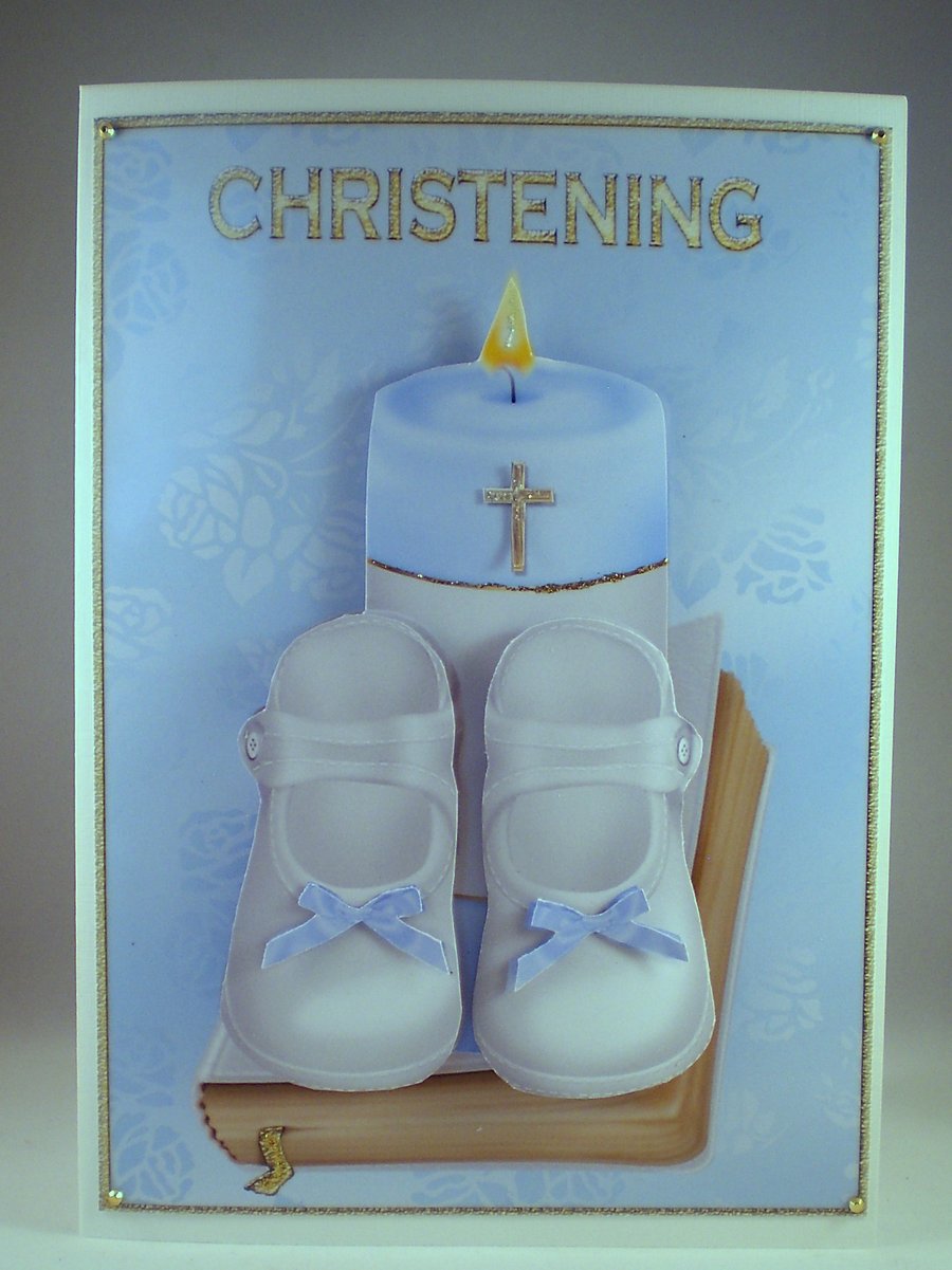 Handmade,3D,Decoupage Christening Card For Boy Shoes,Candle and Bible