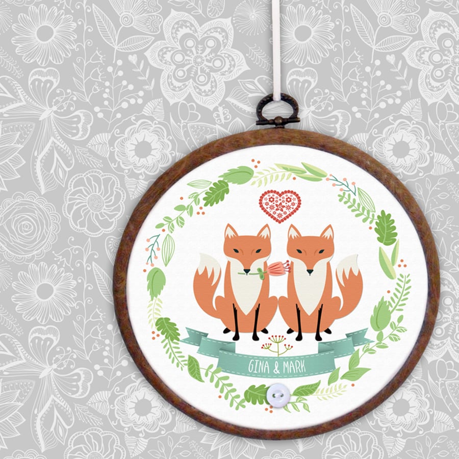 Foxes Embroidery Hoop print, personalised wedding, anniversary or Valentine gift