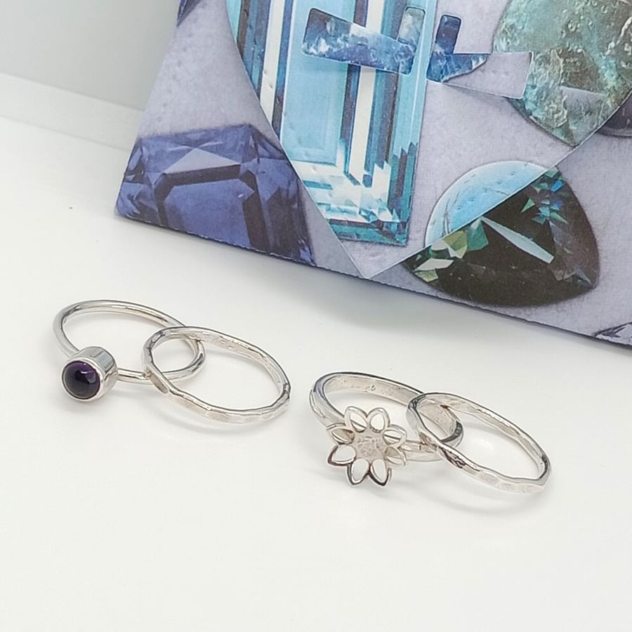 Amethyst stacking ring set , size K , sterling silver rings ,  set of 4 rings