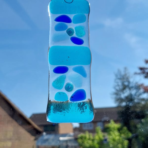 Blue mosaic patterned fused glass suncatcher, handcrafted, 4x12cm (38)