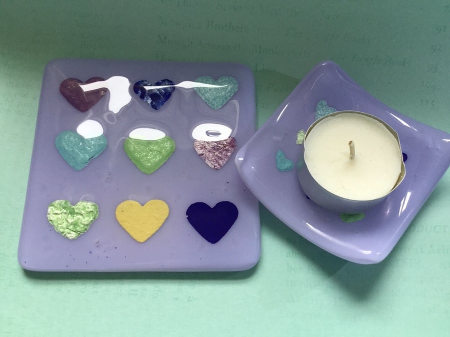 Fused Glass Coaster and Dish.....Hearts