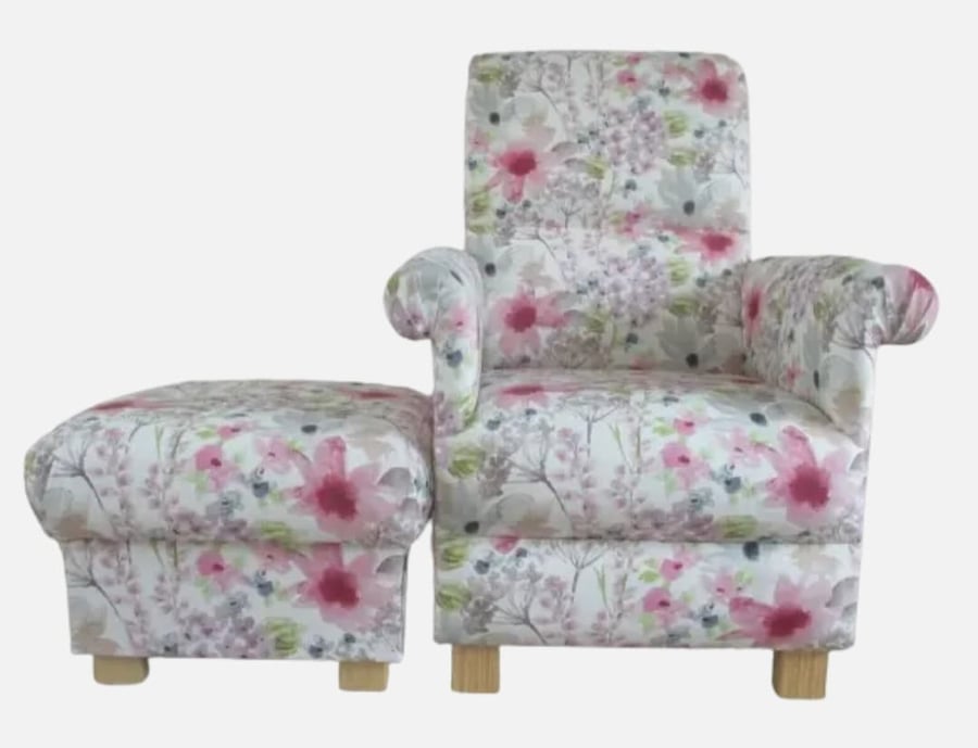 Pink Floral Chair & Footstool Adult Armchair Pouffe Botanical Lilac Small Accent