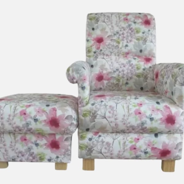 Pink Floral Chair & Footstool Adult Armchair Pouffe Botanical Lilac Small Accent