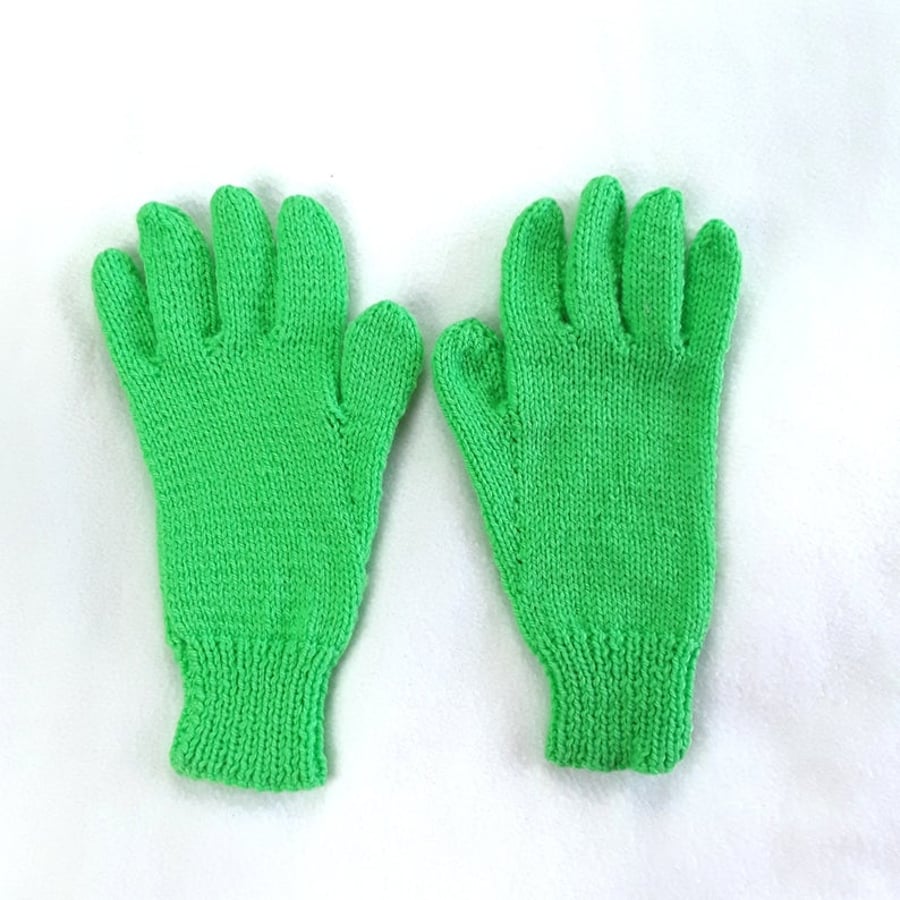 Hand knitted bright green children's gloves - winter gloves - full fingered 