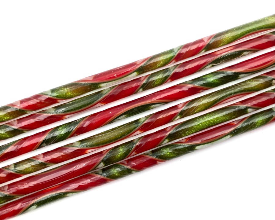 Twisted cane 24cm red green Carnival pack Bullseye 90 coe glass Vitrigraph