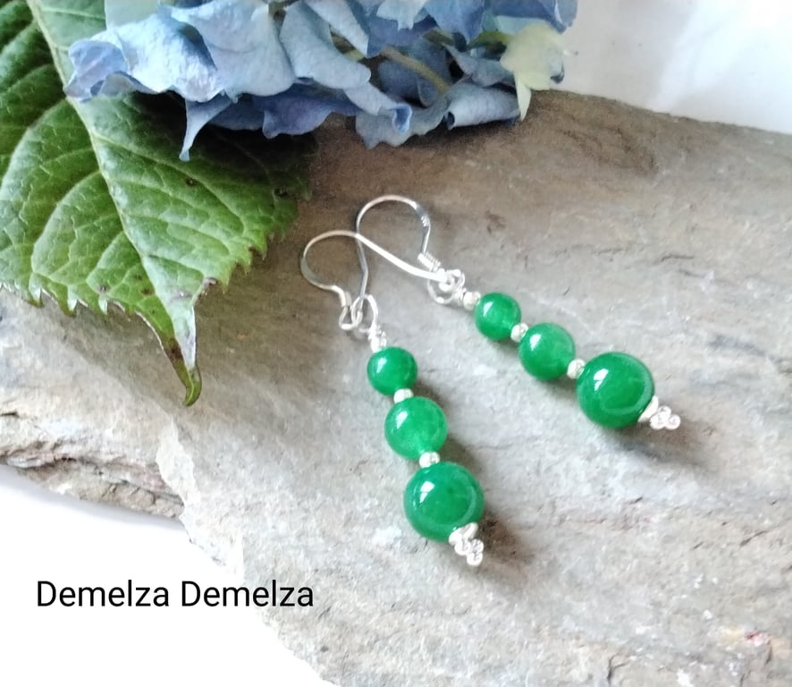 Designer Chinese Green Jade Sterling Silver Earrings 