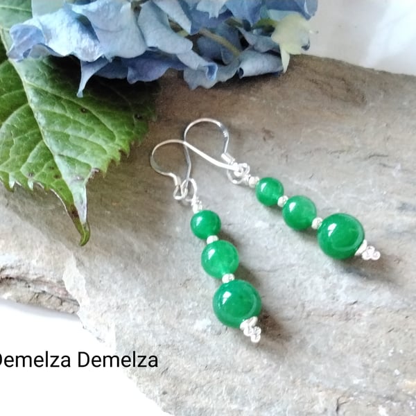 Chinese Green Jade Sterling Silver Earrings 