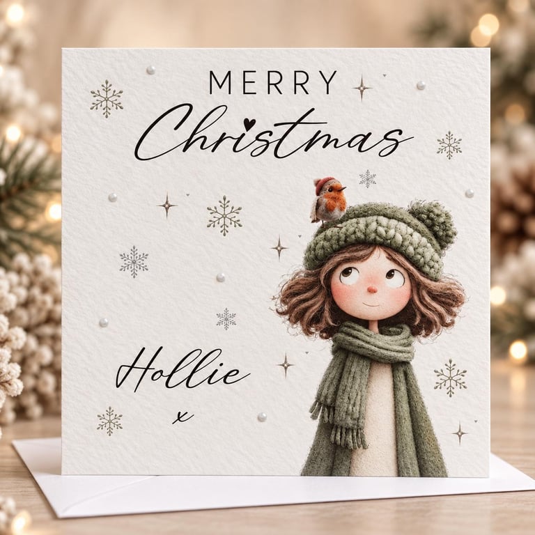 Personalised Christmas Card - Cute Girl & Robin - Merry Christmas Card