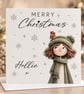 Personalised Christmas Card - Cute Girl & Robin - Merry Christmas Card