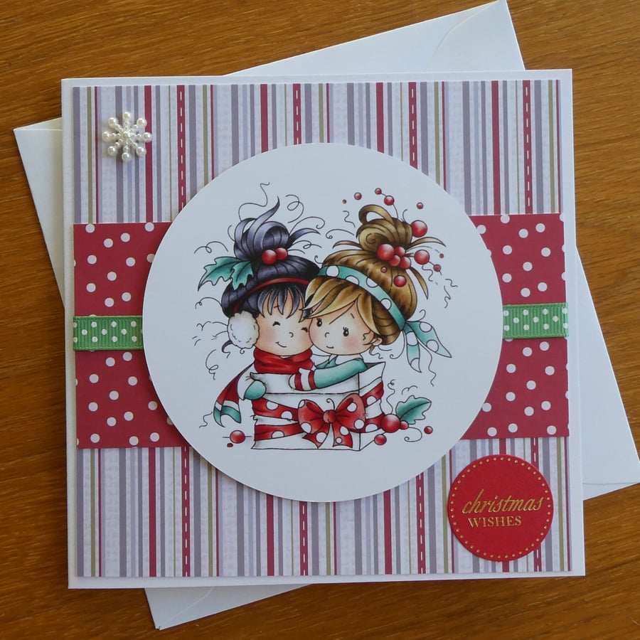 Little Girls with Parcel Christmas Card - Christmas Wishes