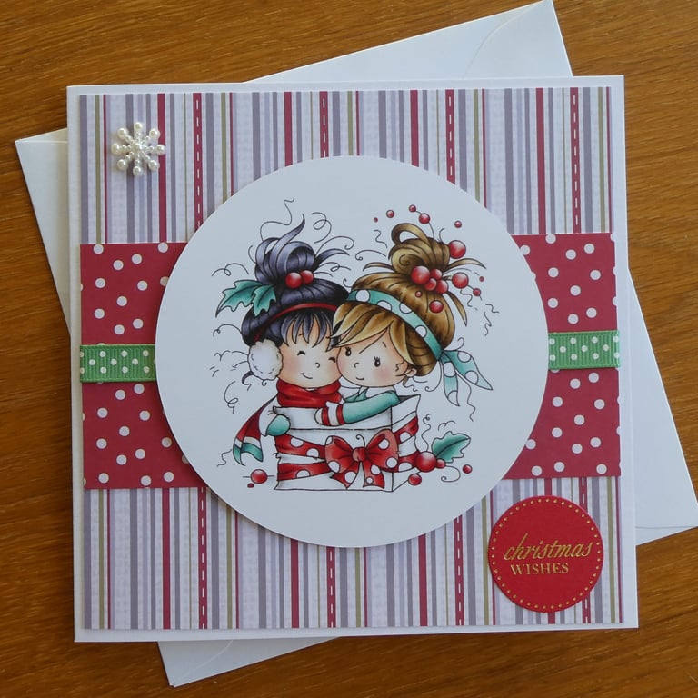 Little Girls with Parcel Christmas Card - Christmas Wishes
