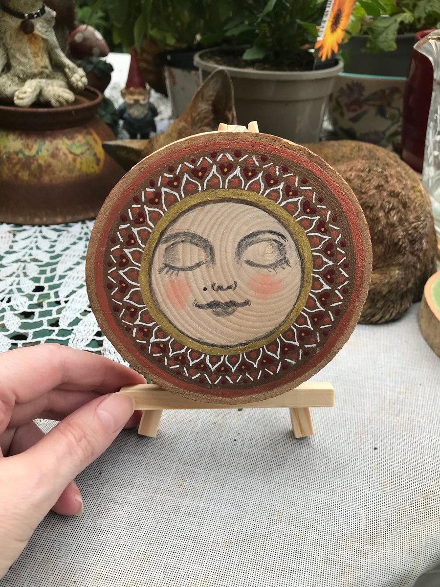 SALE! Painted wood slice , meditation mandala with mini display easel