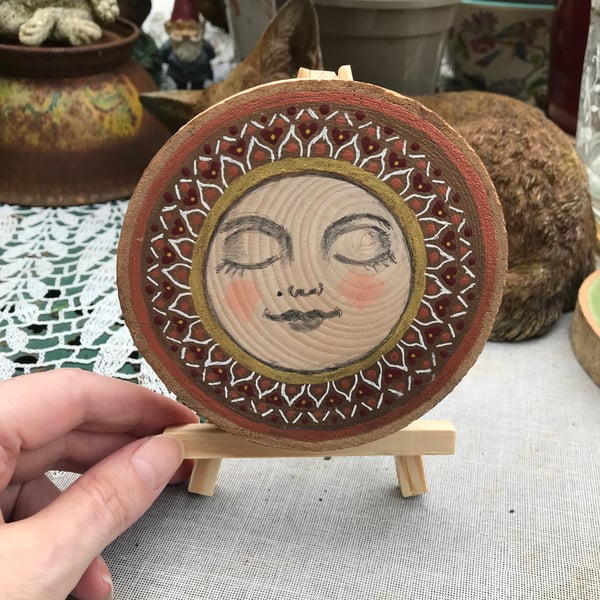Painted wood slice , meditation mandala with mini display easel