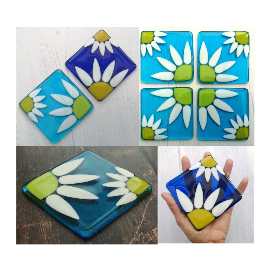 Handmade Fused Glass Daisy Flower Drinks Coaster - Sunflower Glass Tile