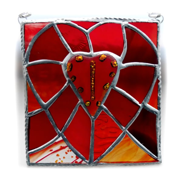Patchwork Fused Heart Plaque Stained Glass Handmade Dichroic Reds
