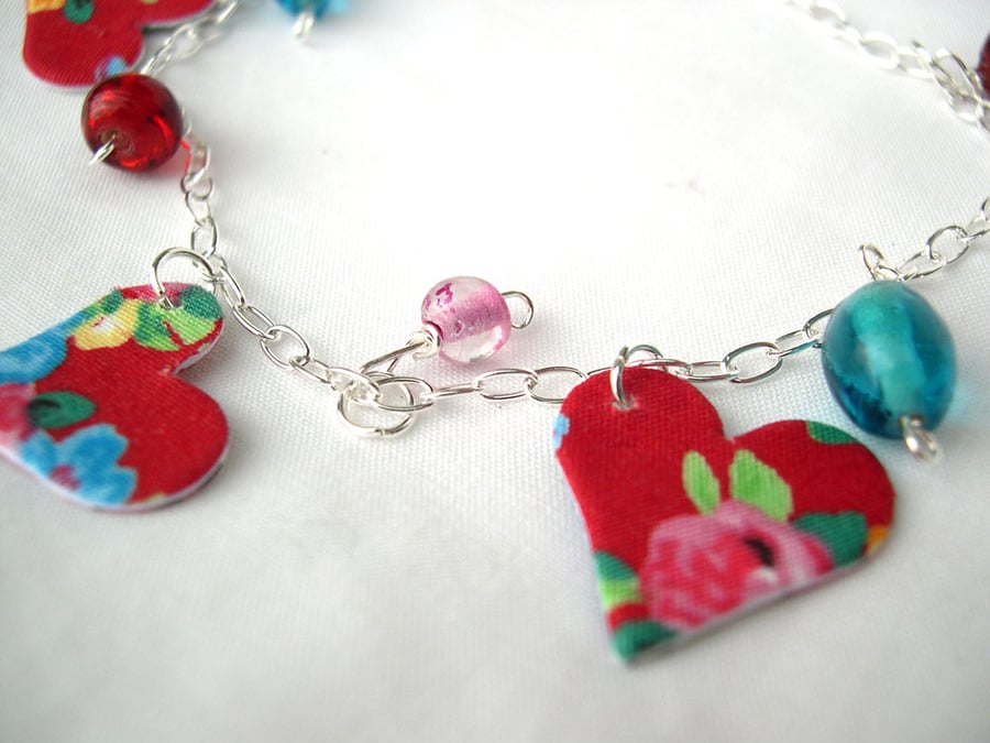 Sterling Silver Hardened Fabric Red Valentines Day Floral Ditsy Charm Bracelet 