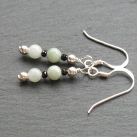 Burmese Jadeite With Black Spinel Gemstones Sterling Silver Earrings