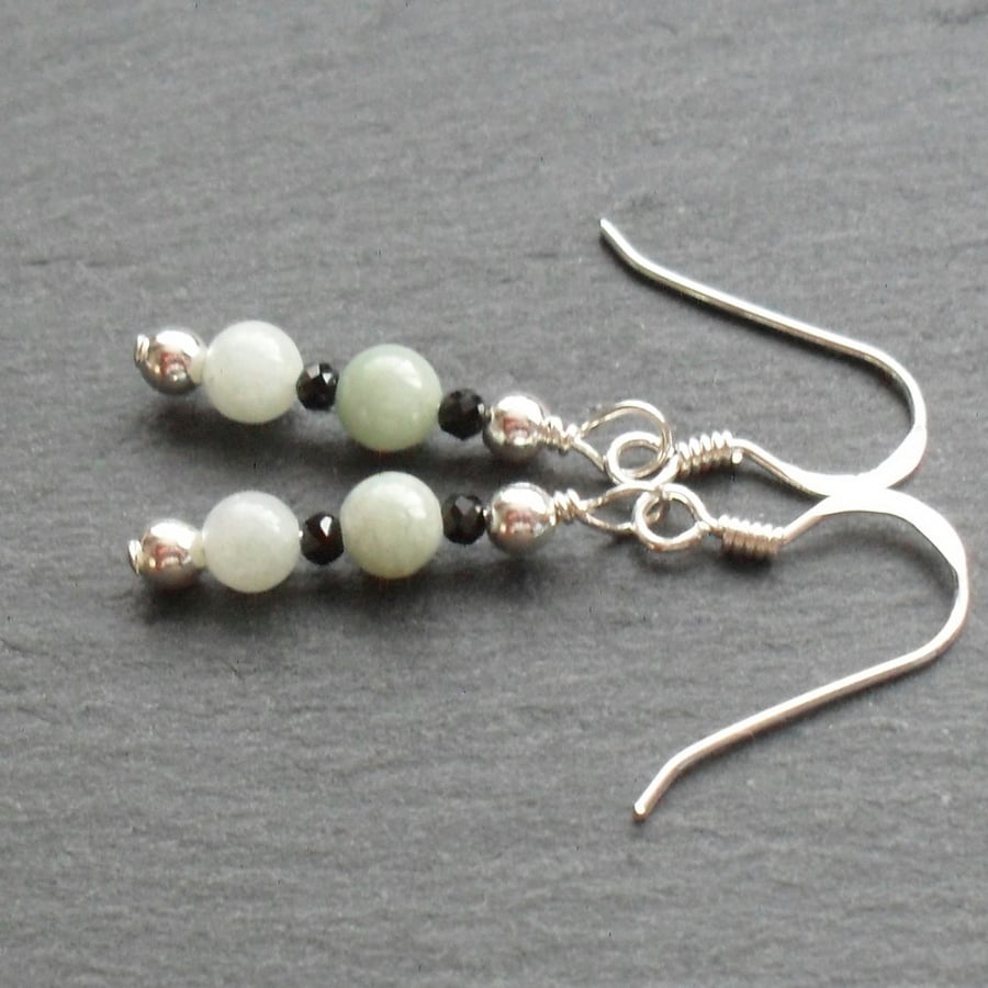 Burmese Jadeite With Black Spinel Gemstones Sterling Silver Earrings