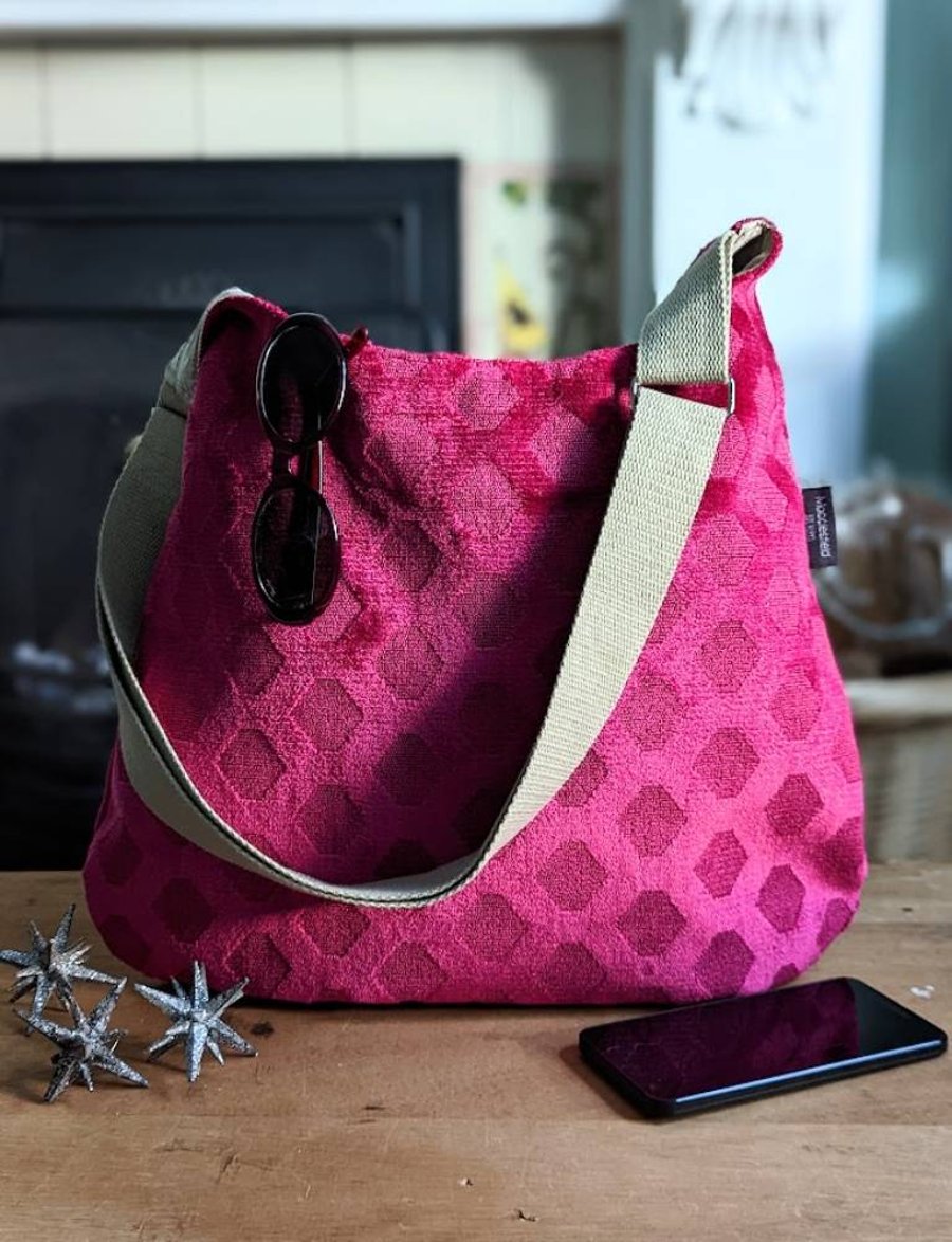 Raspberry Chenille and Silk Lined Hobo Bag