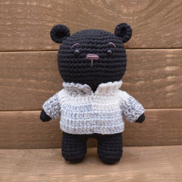 Black Crocheted Bear in Custom Jumper, Handmade Keepsake Teddy