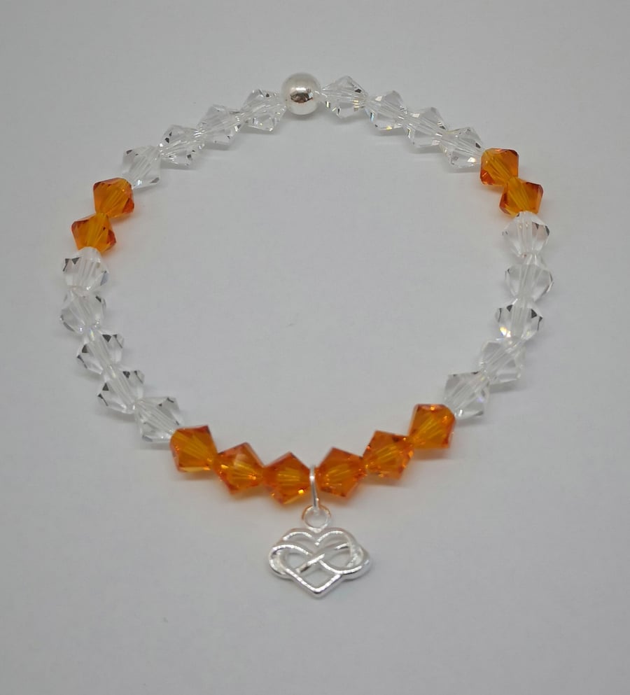 Swarovski Crystal and Sterling Silver Infinity Heart Bracelet - Tangerine 