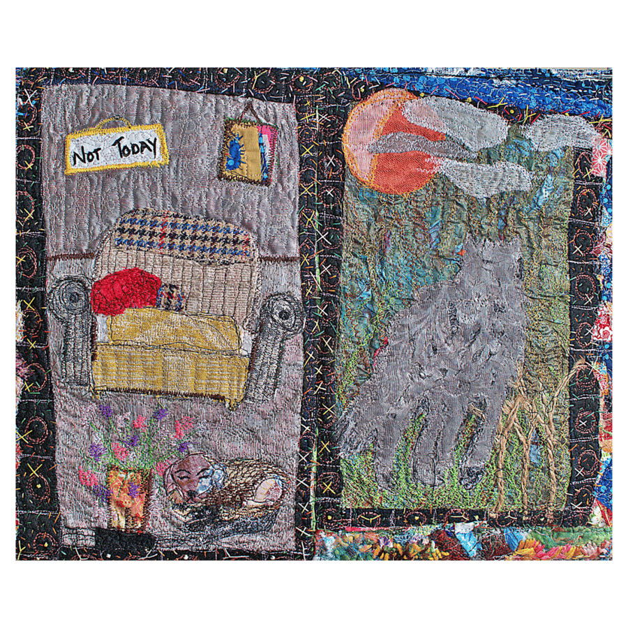 Textile wall hanging - wolf at the door - home comforts - fabric artwork