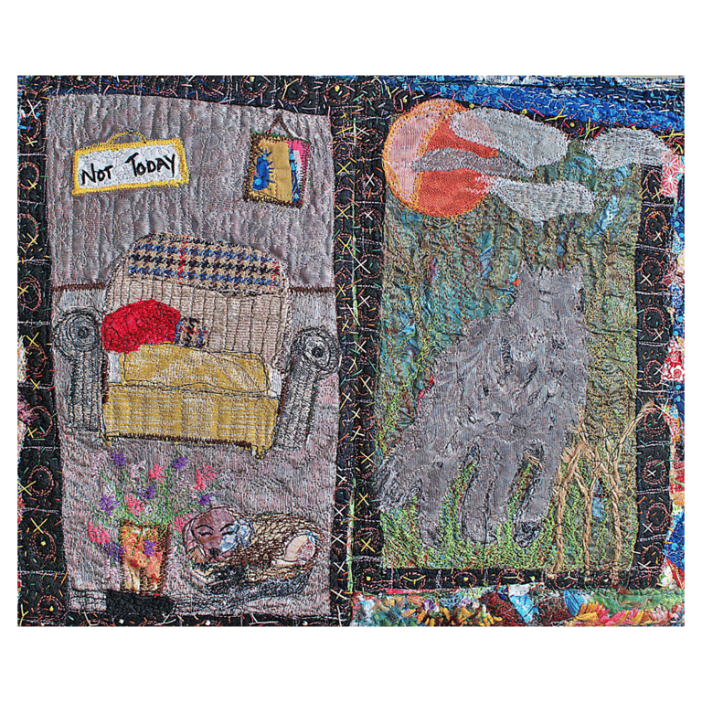 Textile wall hanging - wolf at the door - home comforts - fabric artwork