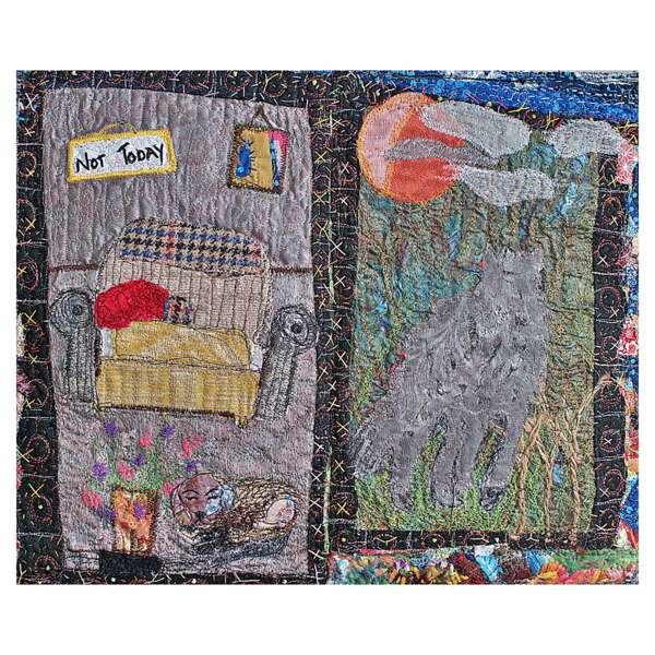 Textile wall hanging - wolf at the door - home comforts - fabric artwork