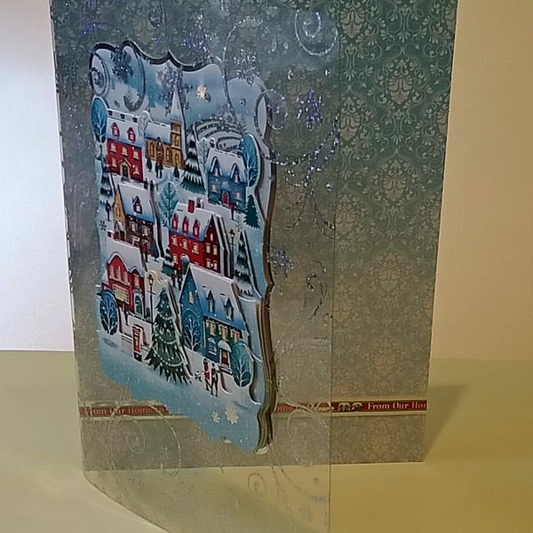 3D Decoupaged Christmas Card,  Winter Village 