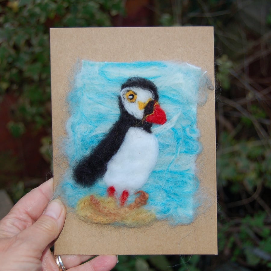 Birthday Card - Puffin, Needle felt card, wool card, wool painting, textile art