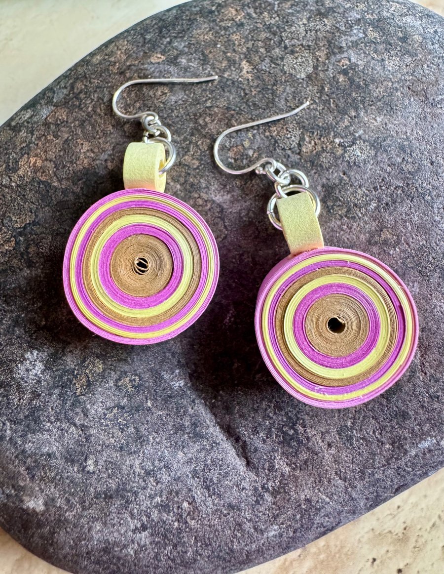 Pink and yellow handmade paper dangle earrings 