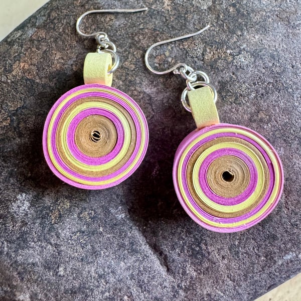 Pink and yellow handmade paper dangle earrings 