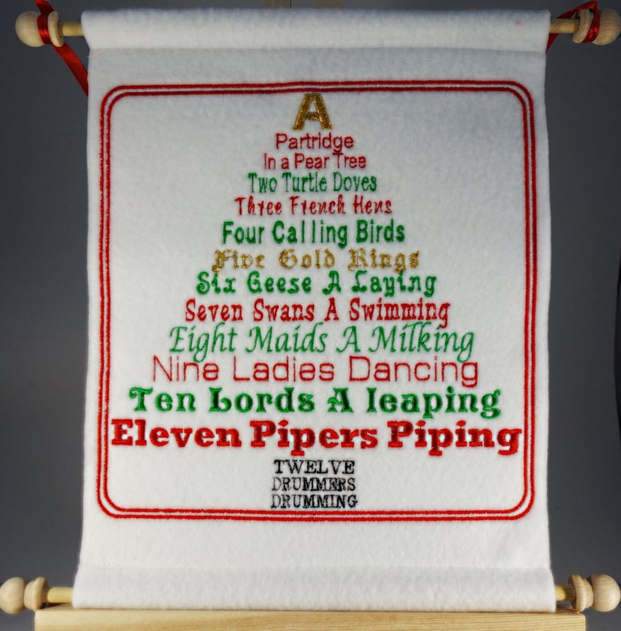 Twelve Days of Christmas. Hand Crafted, Embroidered Christmas Carol Wall Hanger