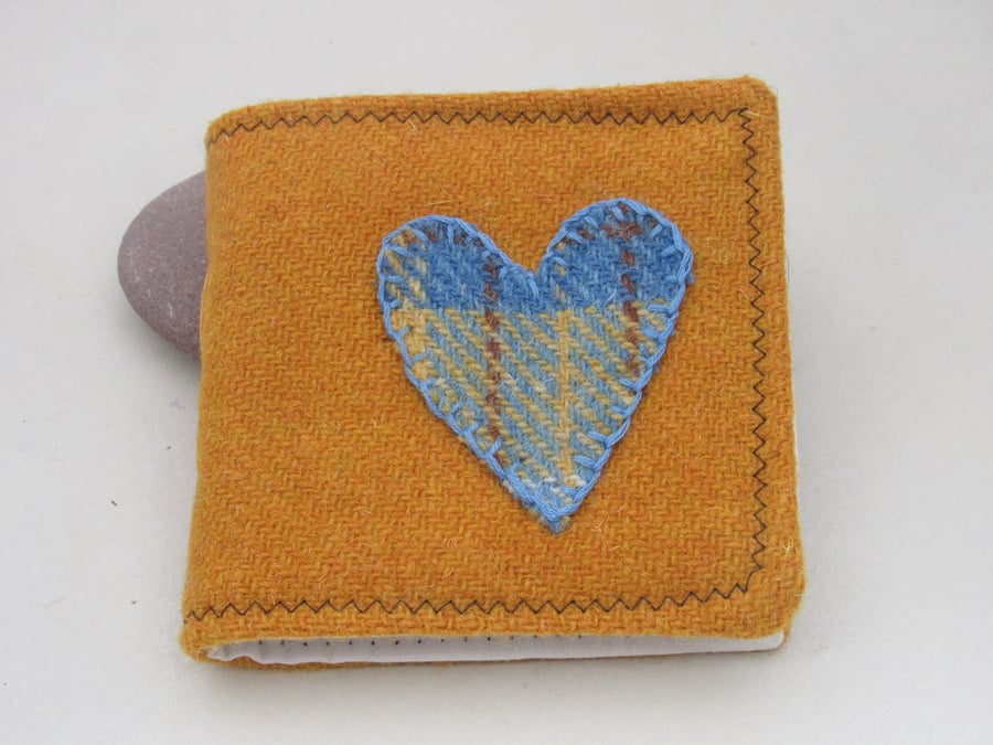 Handmade Golden Yellow and Blue Heart Tweed Needlebook
