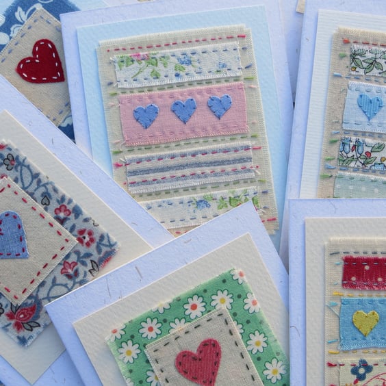Special Offer pack of 3 hand-stitched heart cards, pot luck selection