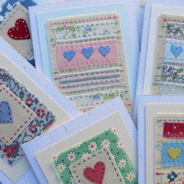 Special Offer pack of 3 hand-stitched heart cards, pot luck selection