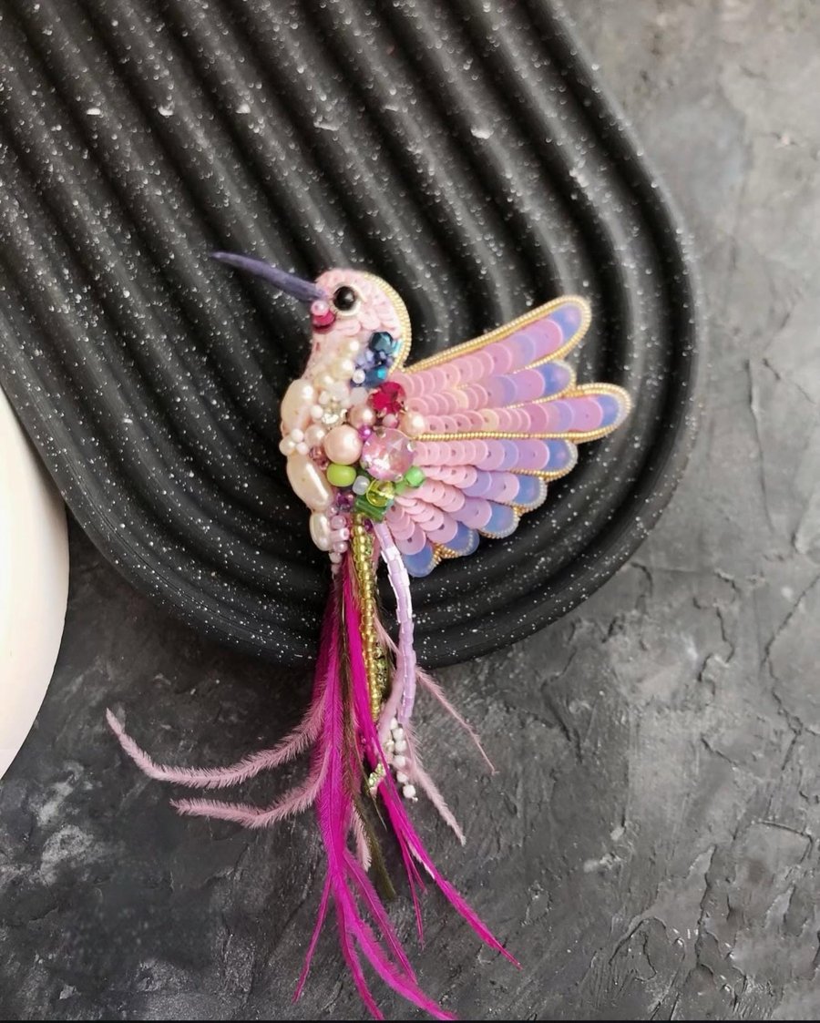 Handmade Hummingbird Brooch - Unique Beaded Bird Pin with Pink Feathers - Nature
